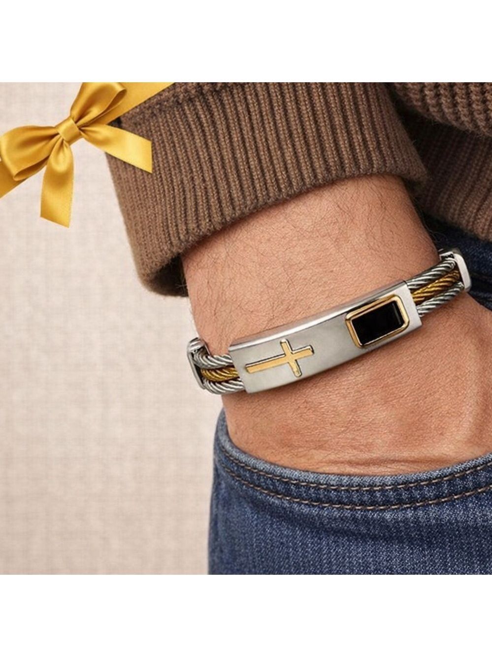 Stainless Steel Two-Tone Cable Cross Bracelet
